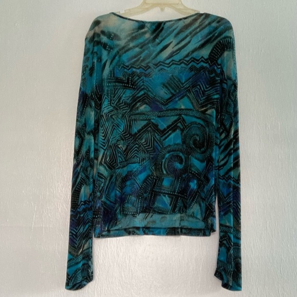 Chico Blue Abstract Geometric Long Sleeve Semi Sheer Stretch Top Black 1 M - Picture 2 of 5